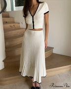 Knit Two Tone Short Sleeve Buttoned Modern Top And Pleated Midi Skirt Set image 1