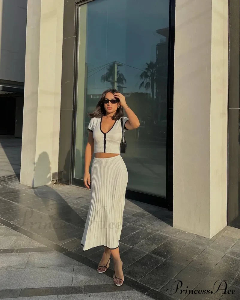 Knit Two Tone Short Sleeve Buttoned Modern Top And Pleated Midi Skirt Set image 20