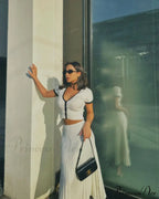 Knit Two Tone Short Sleeve Buttoned Modern Top And Pleated Midi Skirt Set image 21
