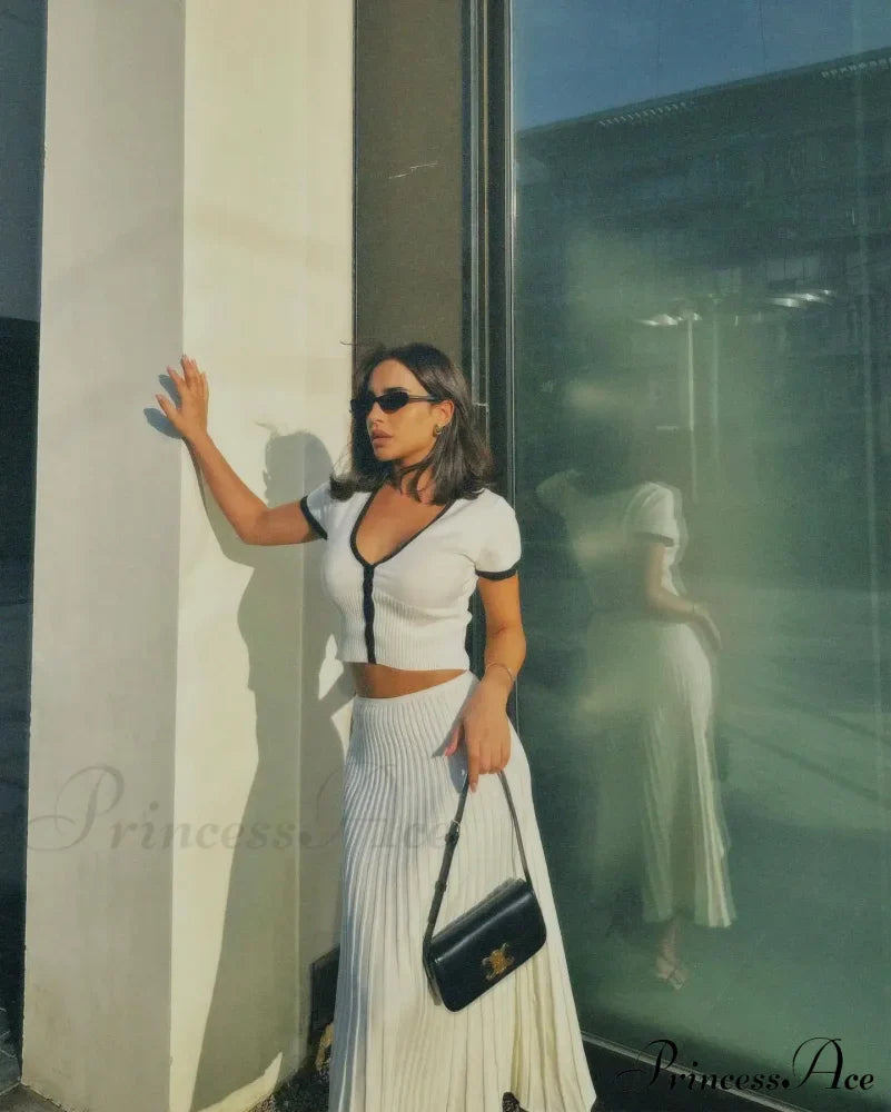 Knit Two Tone Short Sleeve Buttoned Modern Top And Pleated Midi Skirt Set image 21
