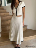 Knit Two Tone Short Sleeve Buttoned Modern Top And Pleated Midi Skirt Set image 3