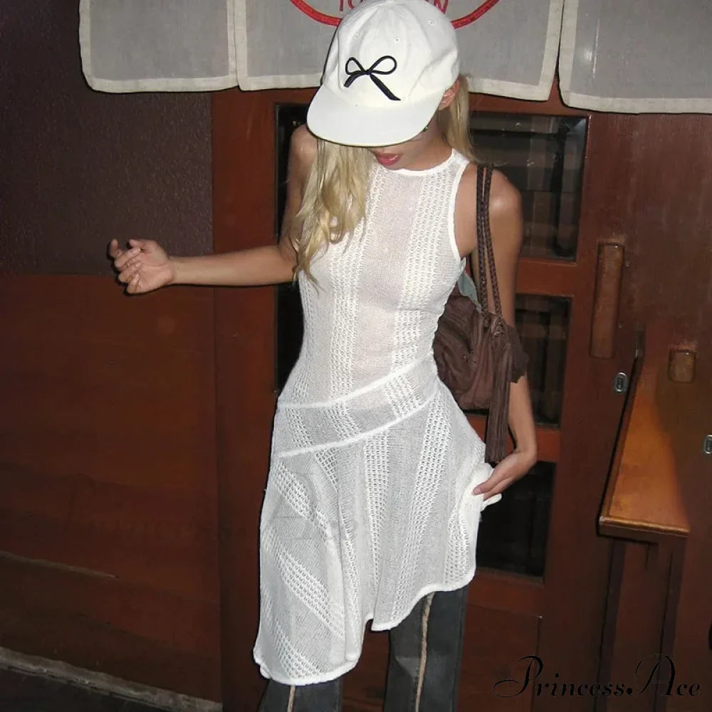 Knit White Asymmetrical Charming Tank Midi Dress image 4