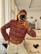 Knitted Buttoned Pocketed Square Neck Long Sleeved Short Autumn Casual Stylish Coat image 2
