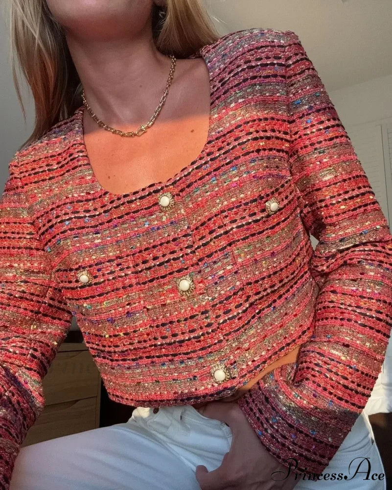 Knitted Buttoned Pocketed Square Neck Long Sleeved Short Autumn Casual Stylish Coat image 6