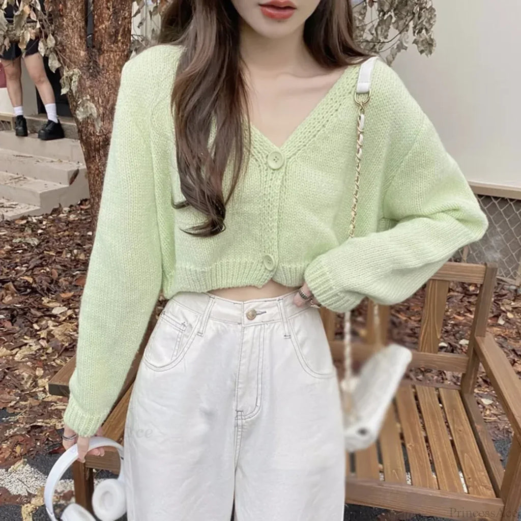 Knitted Cropped Korean V-Neck Y2K Cardigan image 2
