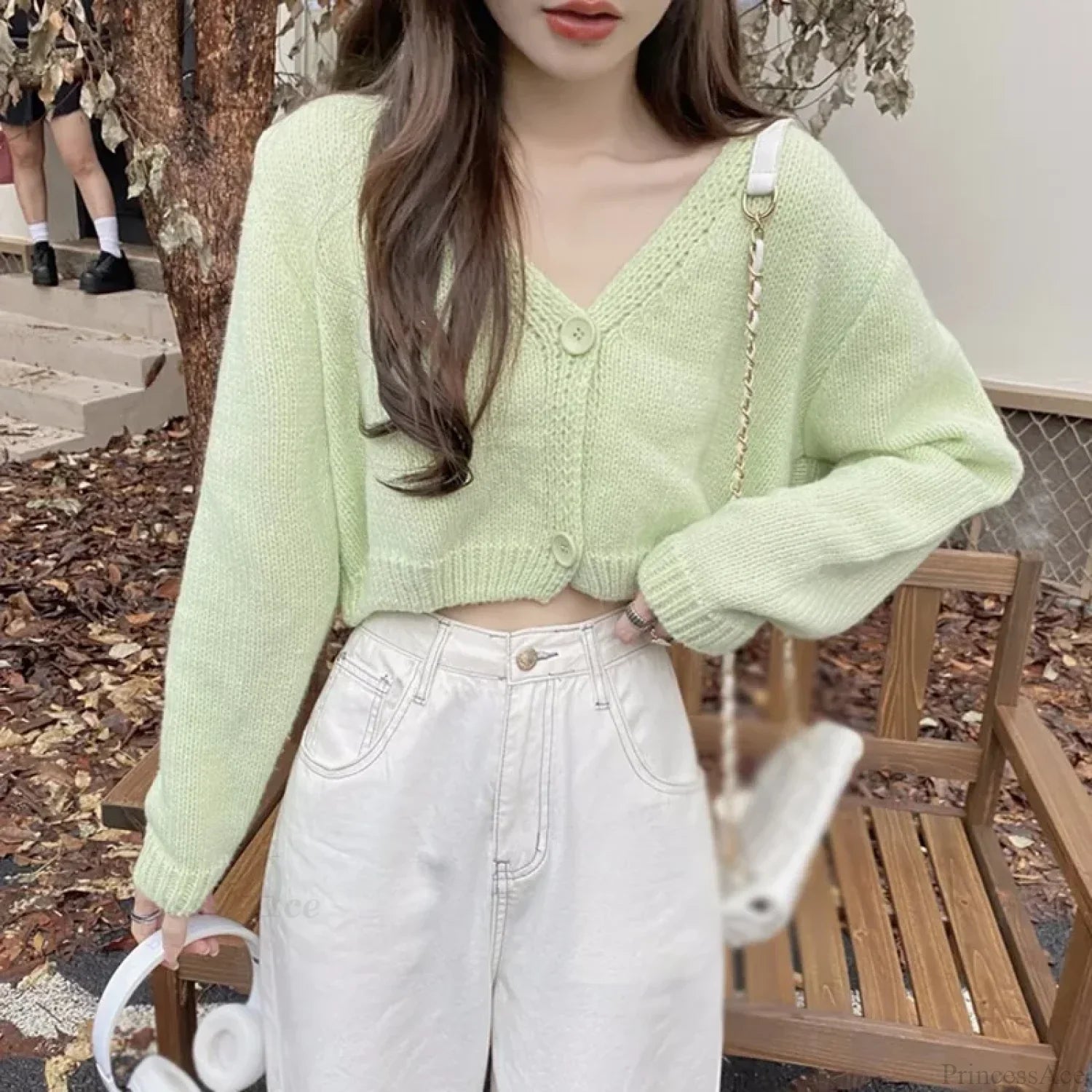 Knitted Cropped Korean V-Neck Y2K Cardigan image 2