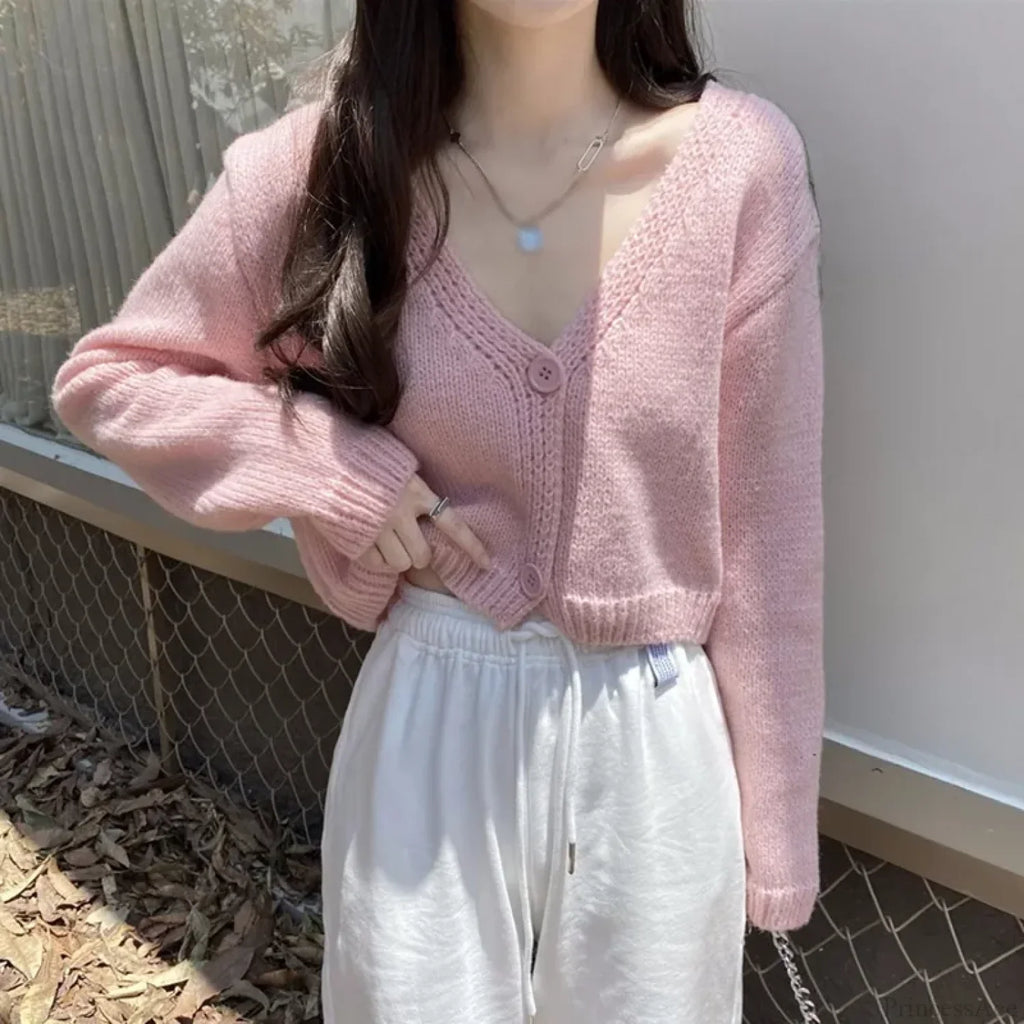 Knitted Cropped Korean V-Neck Y2K Cardigan image 6