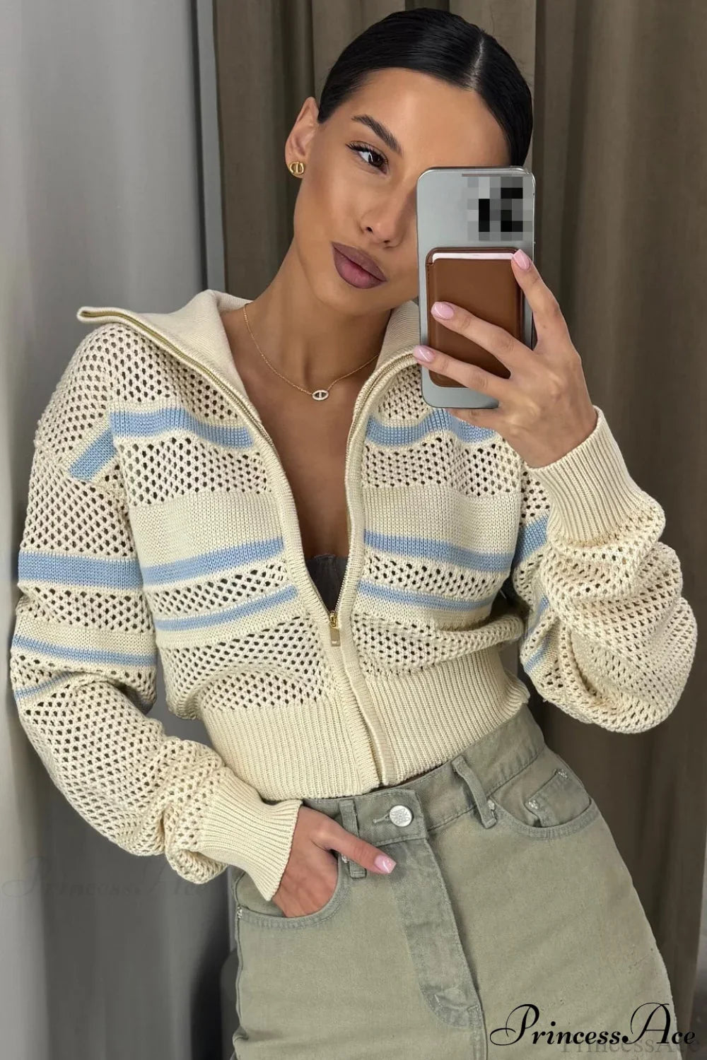 Knitted Cutout Zip Slim-Fit Design Hoodie image 1
