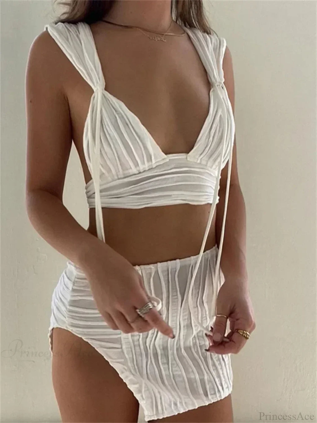 Knitted Deep V-neck Tank Crop Top High Waist Split Mini Skirt Set image 1