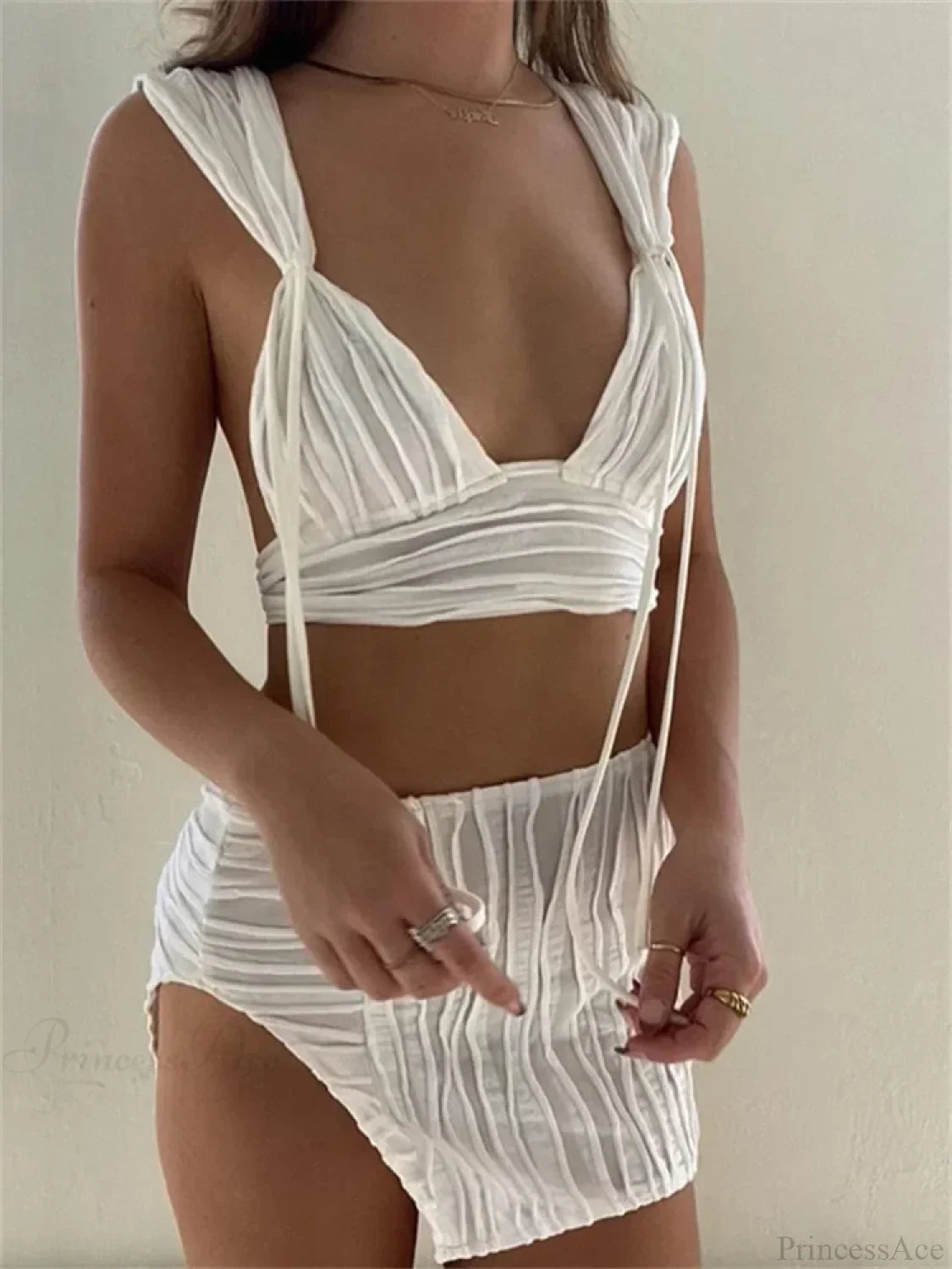 Knitted Deep V-neck Tank Crop Top High Waist Split Mini Skirt Set image 1