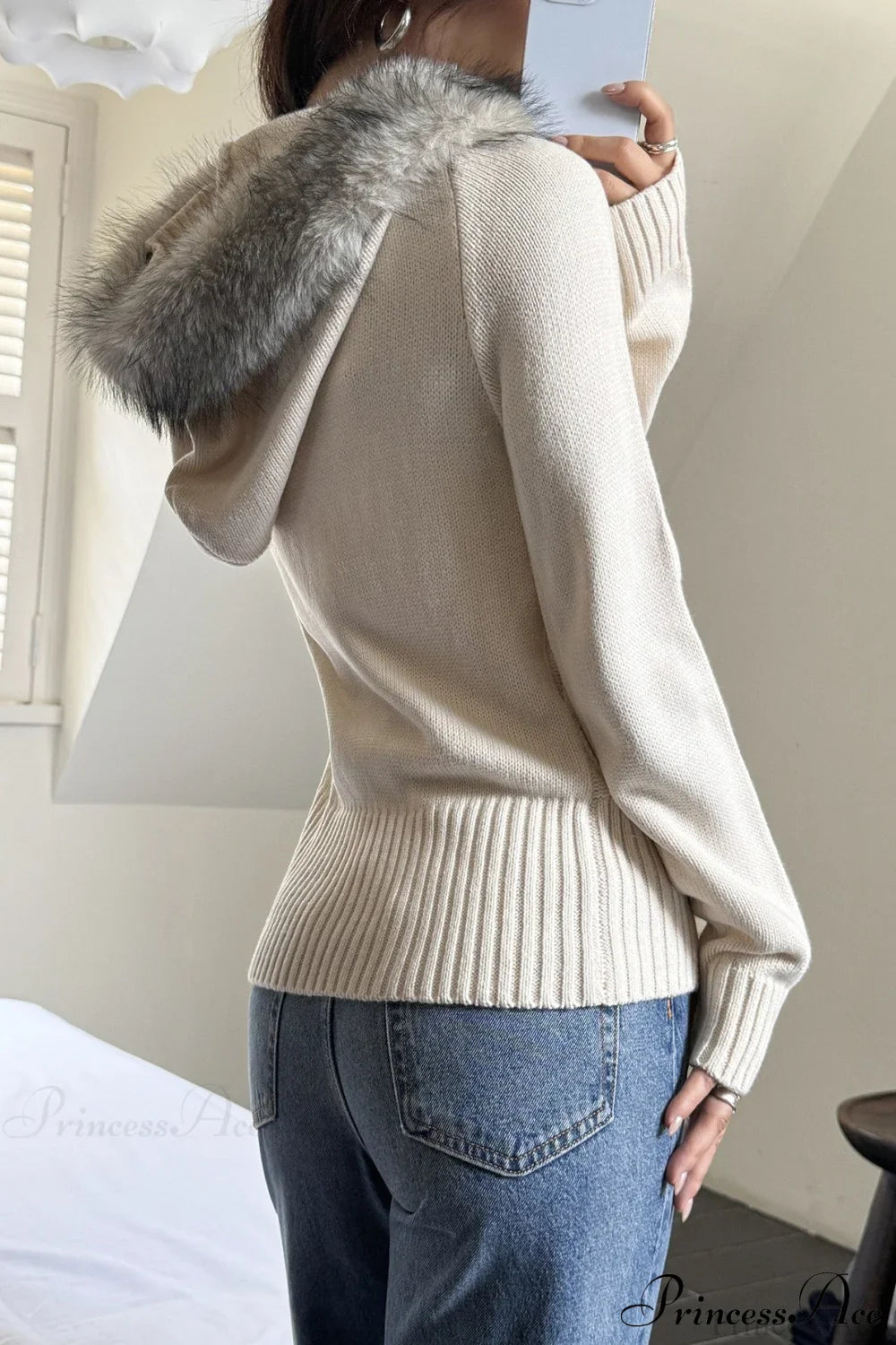 Knitted Fleece Collar Waist-Cinched Zip Hoodie image 9
