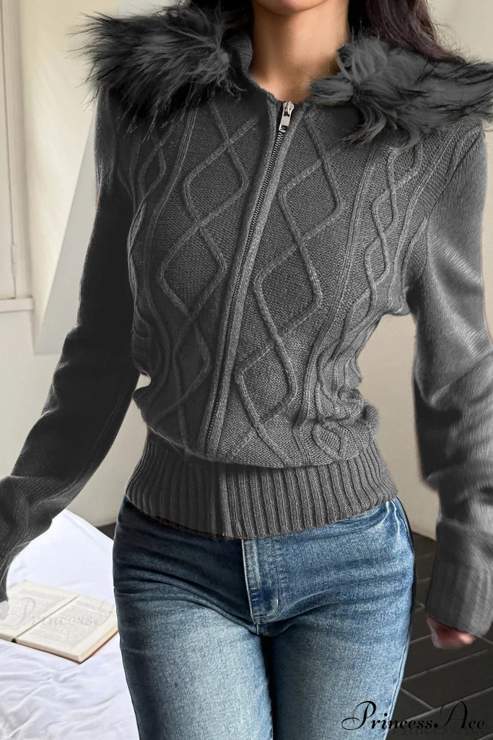 Knitted Fleece Collar Waist-Cinched Zip Hoodie image 4