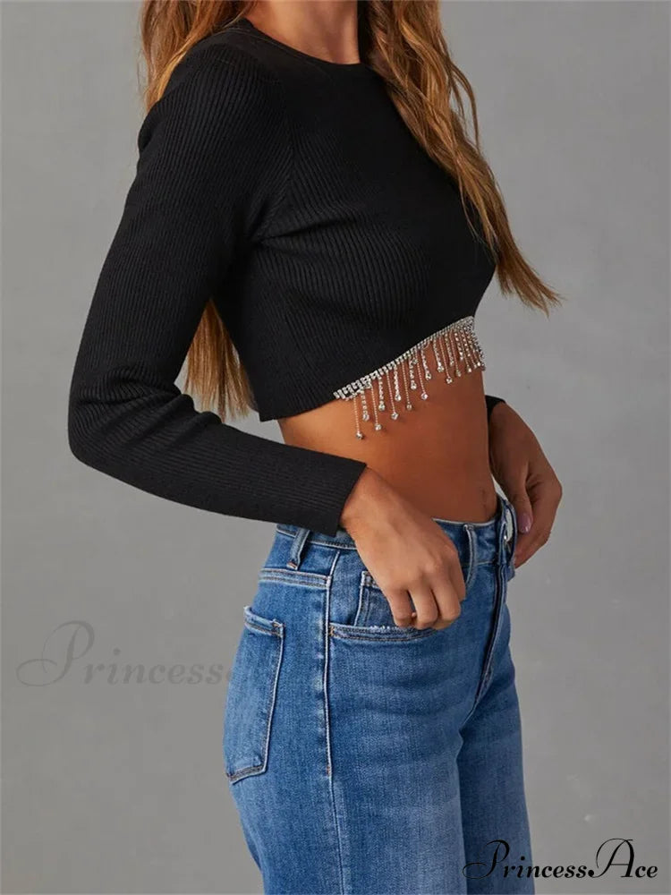 Knitted Grunge Round Neck Long Sleeve Slim Fit T-shirts image 3