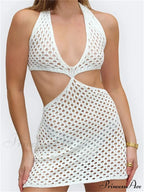Knitted Halter Hollow Out Summer Sexy Lace Up Mini Dress image 1