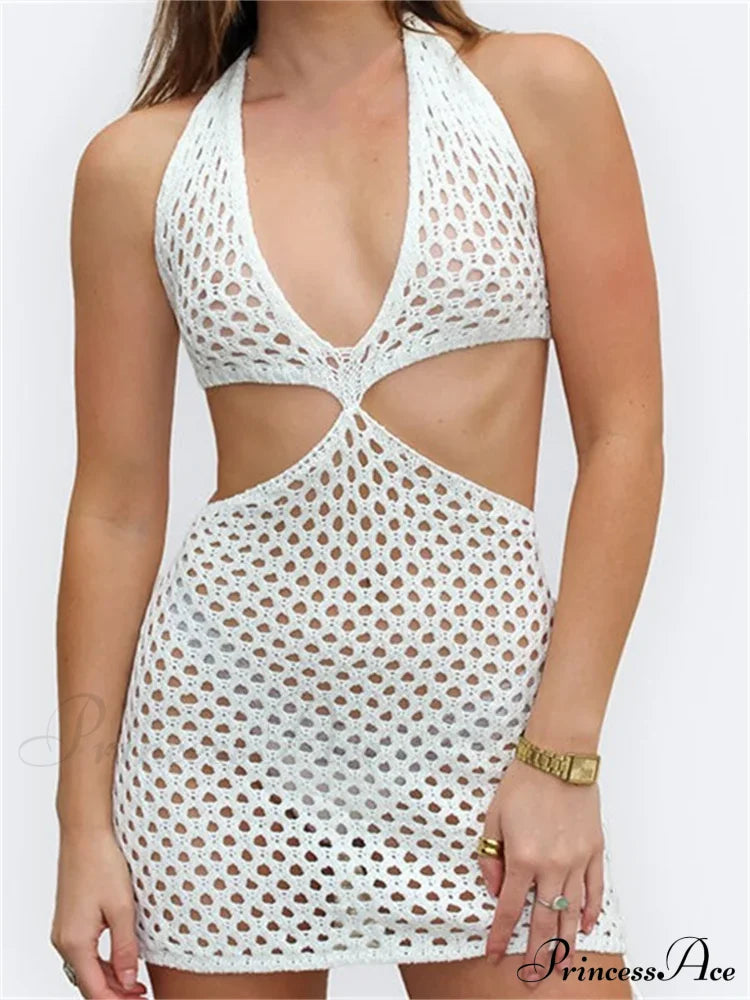 Knitted Halter Hollow Out Summer Sexy Lace Up Mini Dress image 4