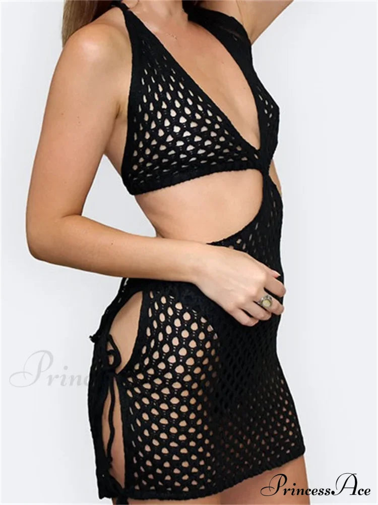 Knitted Halter Hollow Out Summer Sexy Lace Up Mini Dress image 5