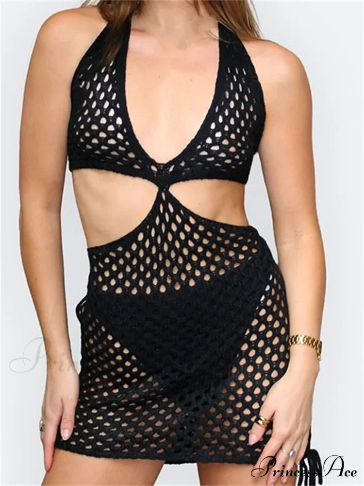 Knitted Halter Hollow Out Summer Sexy Lace Up Mini Dress image 7