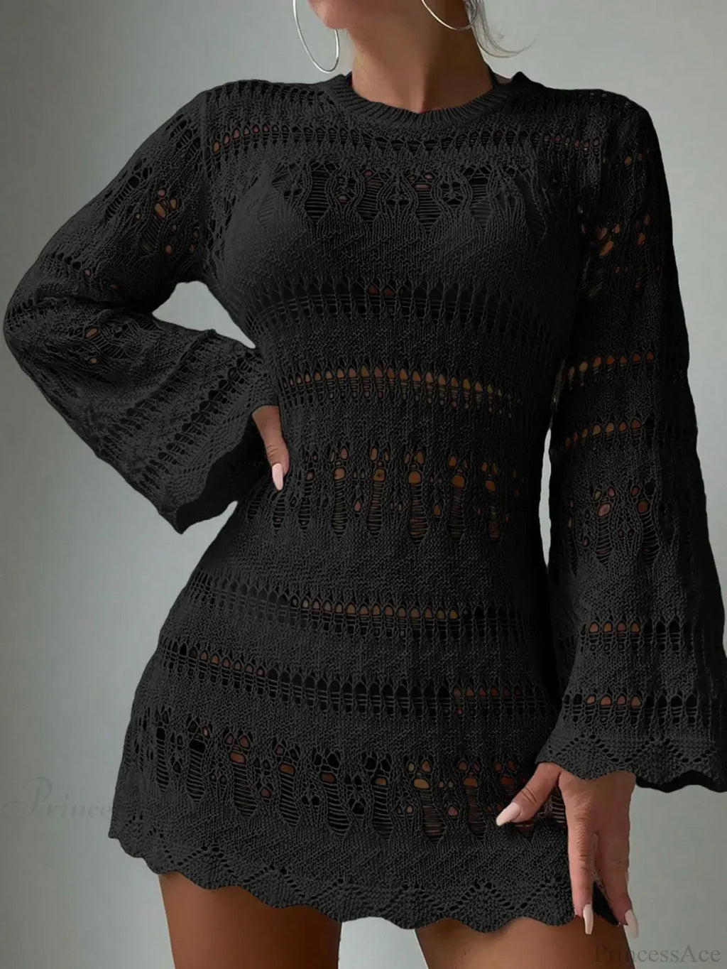 Knitted Hollow Out Sexy Backless Beach Mini Boho Dress Cover-up image 9