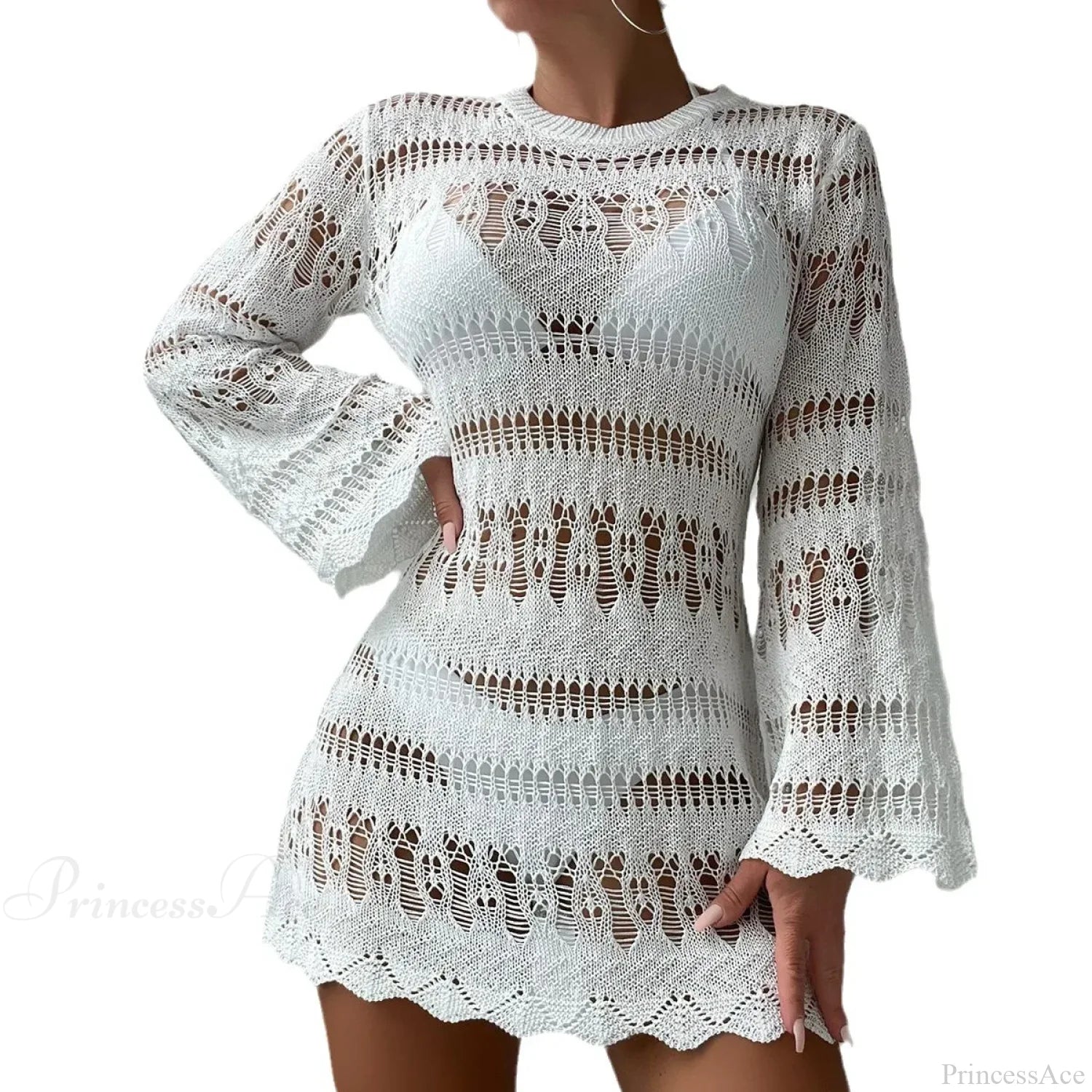 Knitted Hollow Out Sexy Backless Beach Mini Boho Dress Cover-up image 6