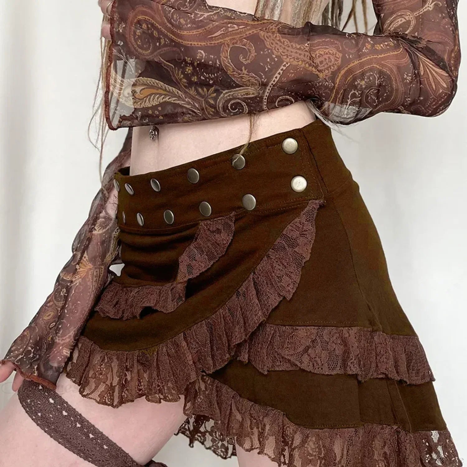 Knitted Lace Ruffled Brown Skirt image 3