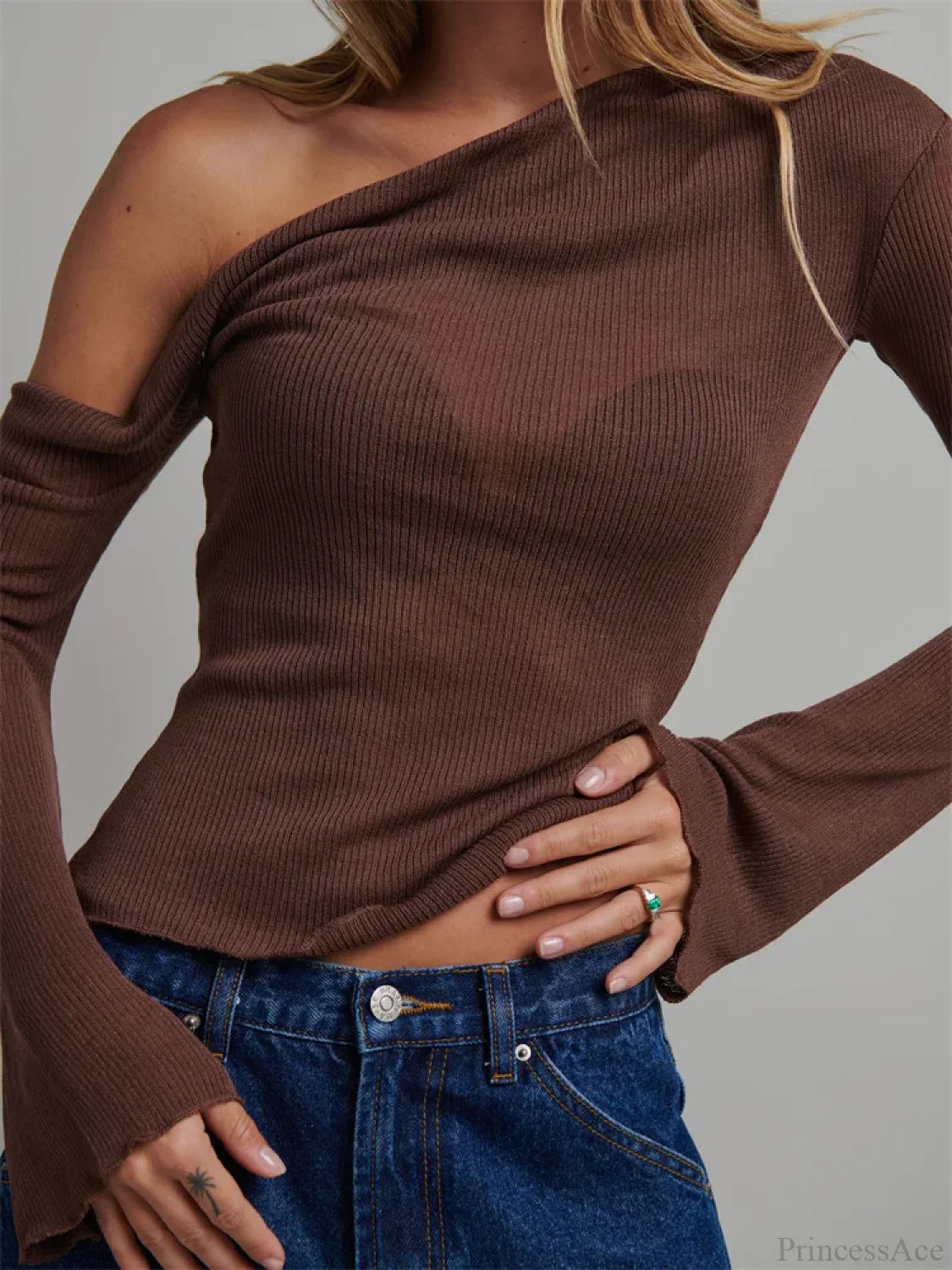 Knitted Long Flare Sleeve Solid Slim Fit T-shirt image 3