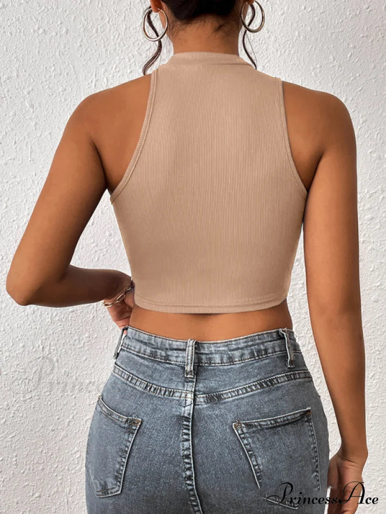 Knitted Neck Cropped Tank Top Asymmetrical Round for Women image 3