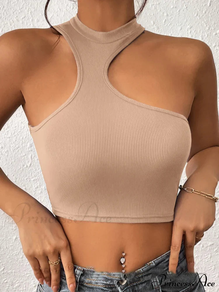 Knitted Neck Cropped Tank Top Asymmetrical Round for Women image 1