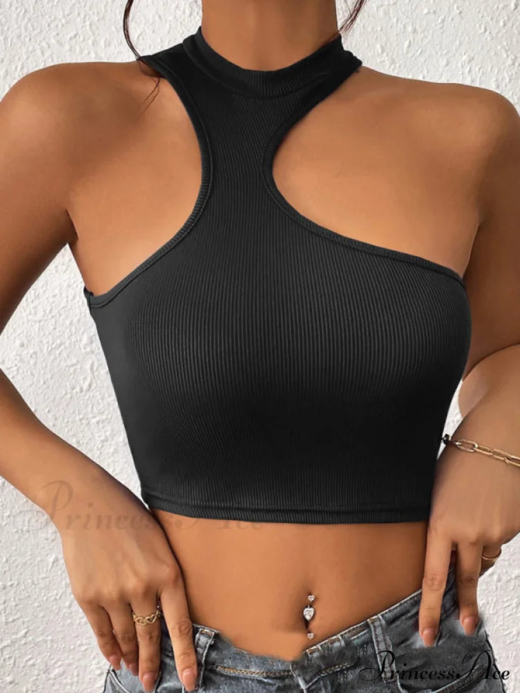 Knitted Neck Cropped Tank Top Asymmetrical Round for Women image 10