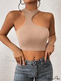 Knitted Neck Cropped Tank Top Asymmetrical Round for Women image 2