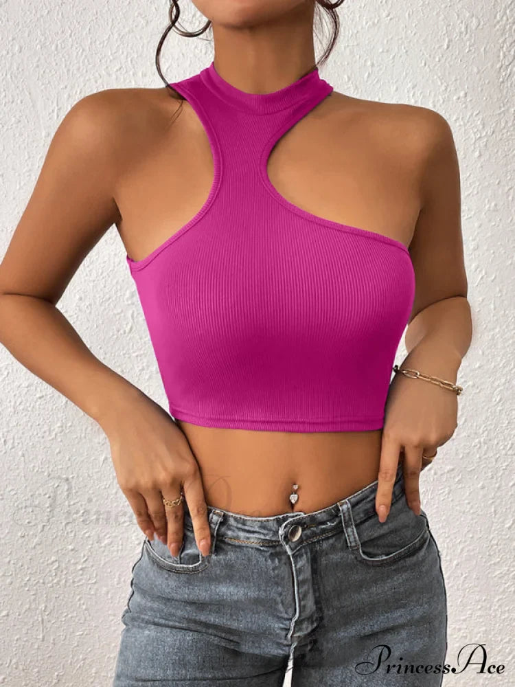 Knitted Neck Cropped Tank Top Asymmetrical Round for Women image 9