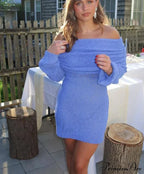 Knitted Off-Shoulder Long Charming Sleeve Mini Dress image 5
