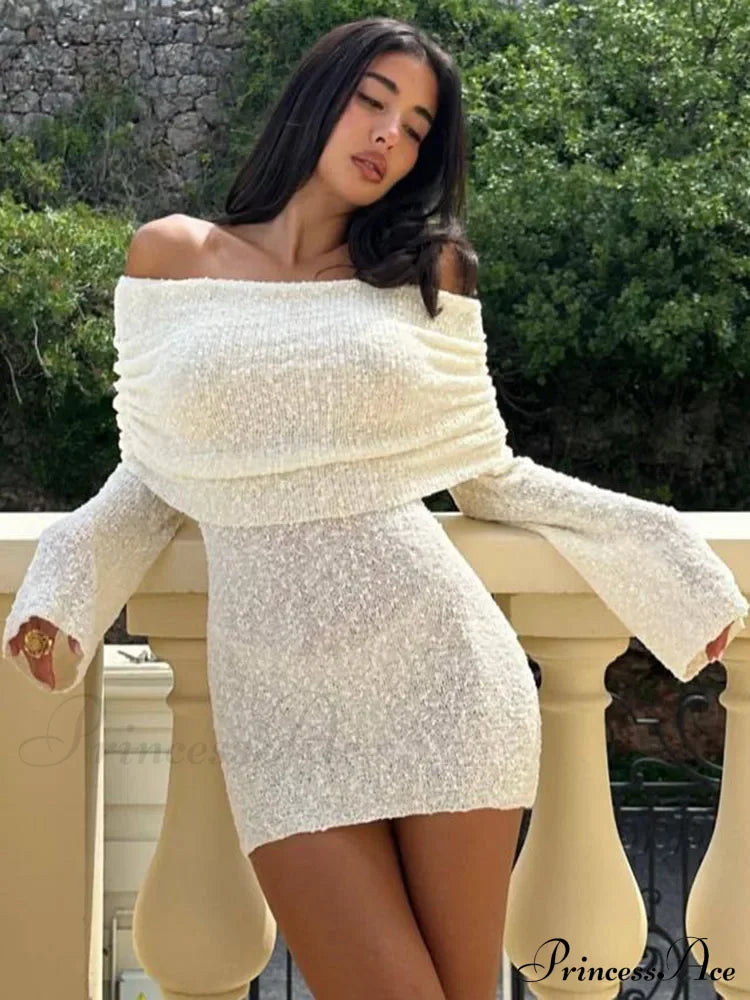 Knitted Off-Shoulder Long Charming Sleeve Mini Dress image 3