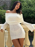 Knitted Off-Shoulder Long Charming Sleeve Mini Dress image 3