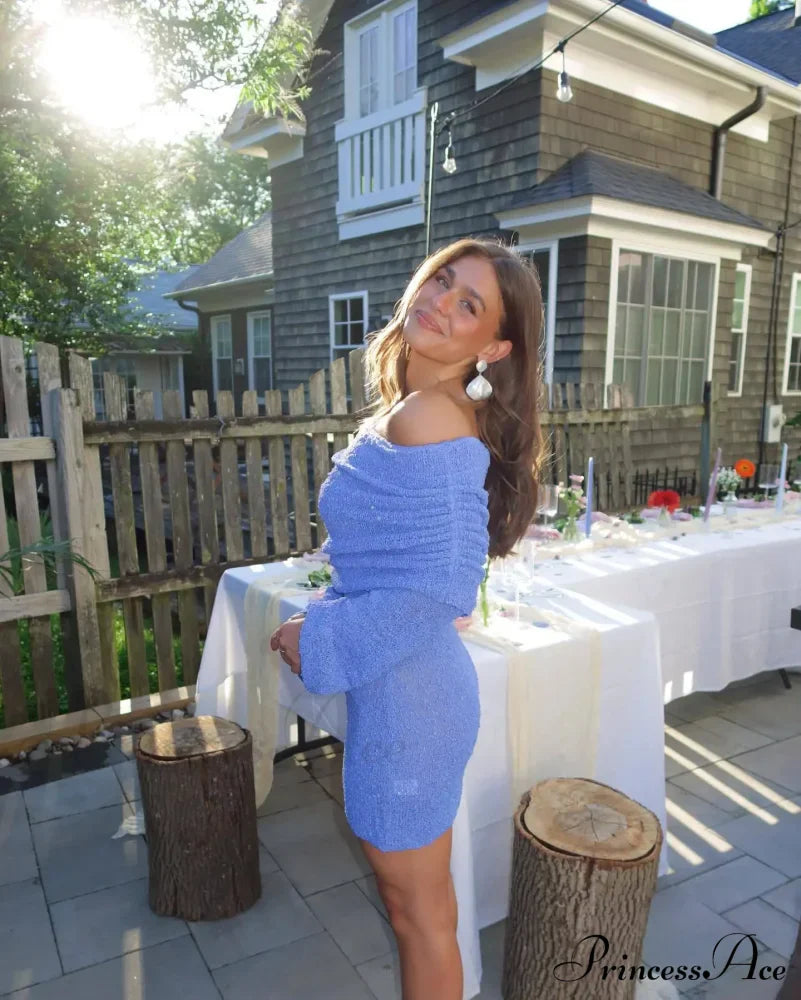 Knitted Off-Shoulder Long Charming Sleeve Mini Dress image 8