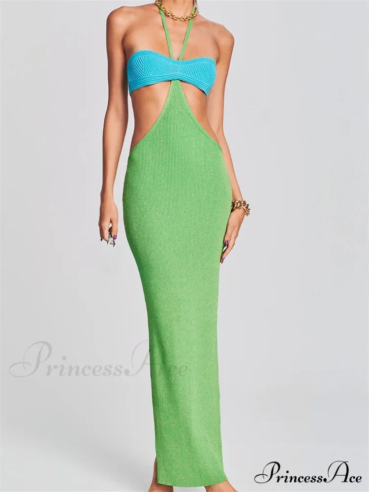 Knitted Patchwork for Women Halter Lace-up Backless Off Shoulder Hollow Out Summer Vestidos New image 1