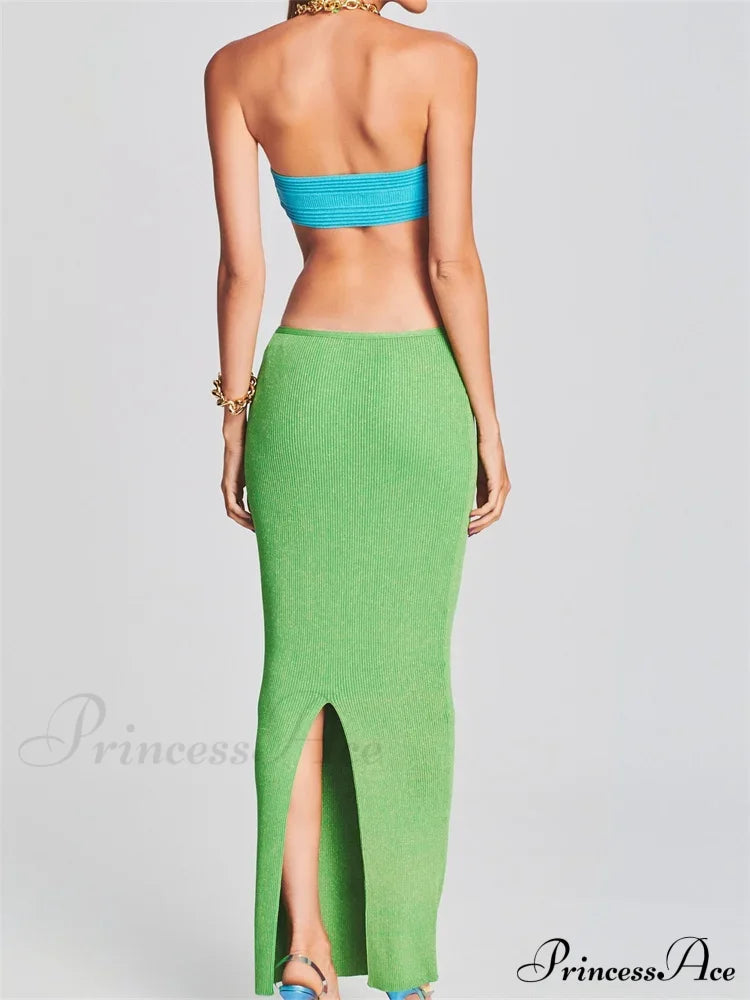Knitted Patchwork for Women Halter Lace-up Backless Off Shoulder Hollow Out Summer Vestidos New image 3
