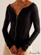 Knitted Patchwork Solid Color Long Sleeve Double Zip Up T-shirts image 2