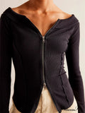Knitted Patchwork Solid Color Long Sleeve Double Zip Up T-shirts image 1