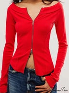 Knitted Patchwork Solid Color Long Sleeve Double Zip Up T-shirts image 4