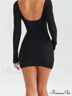 Knitted Ribbed Party Solid Long Sleeve Square Neck Mini Dress image 2