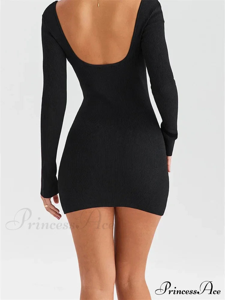 Knitted Ribbed Party Solid Long Sleeve Square Neck Mini Dress image 2