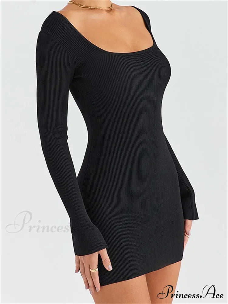 Knitted Ribbed Party Solid Long Sleeve Square Neck Mini Dress image 6