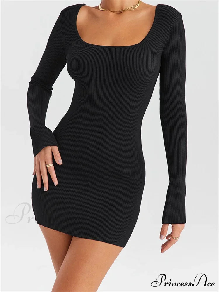 Knitted Ribbed Party Solid Long Sleeve Square Neck Mini Dress image 1