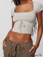 Knitted Ribbed Solid Color Short Sleeve Square Neck Drawstring T-shirts image 2