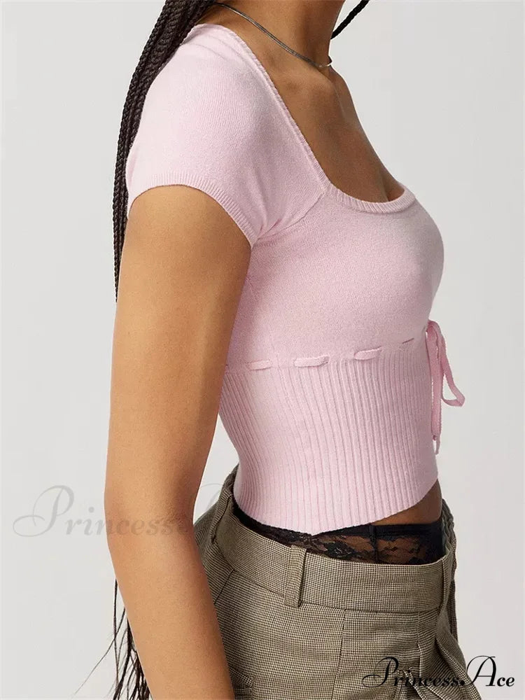 Knitted Ribbed Solid Color Short Sleeve Square Neck Drawstring T-shirts image 5