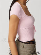Knitted Ribbed Solid Color Short Sleeve Square Neck Drawstring T-shirts image 5