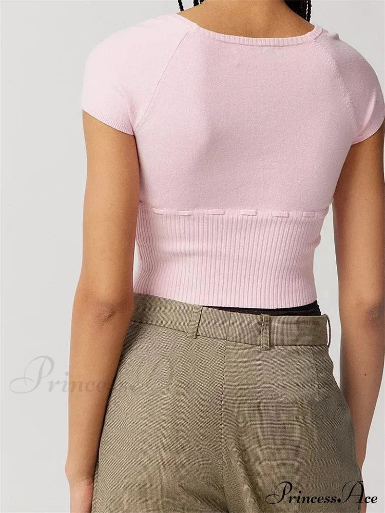 Knitted Ribbed Solid Color Short Sleeve Square Neck Drawstring T-shirts image 6