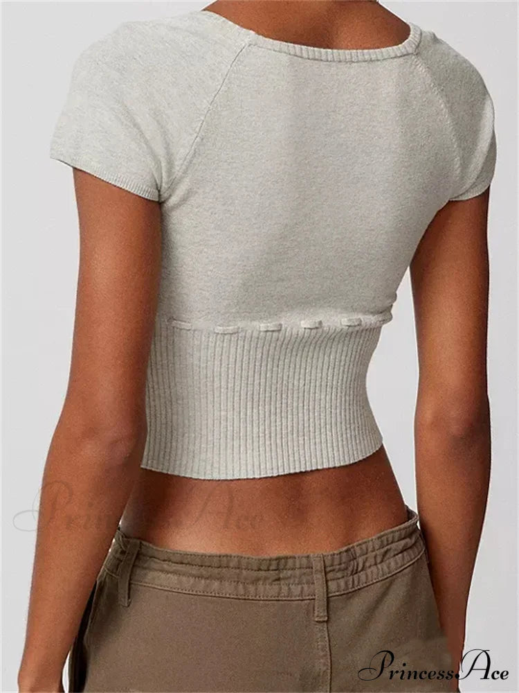 Knitted Ribbed Solid Color Short Sleeve Square Neck Drawstring T-shirts image 3