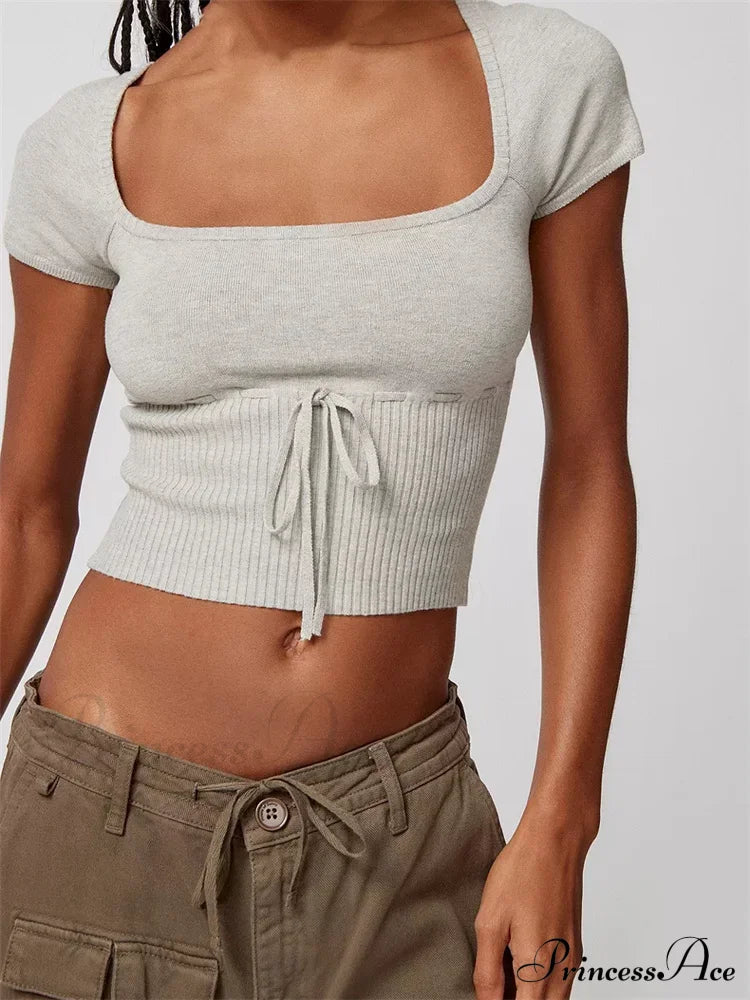 Knitted Ribbed Solid Color Short Sleeve Square Neck Drawstring T-shirts image 7
