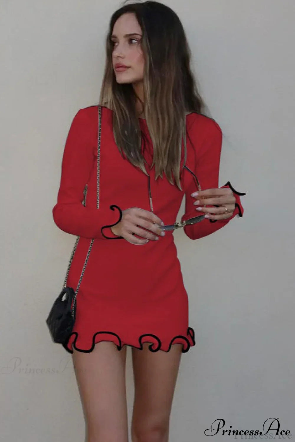 Knitted Ruffled Tight Long Sleeve Mini Dress image 8